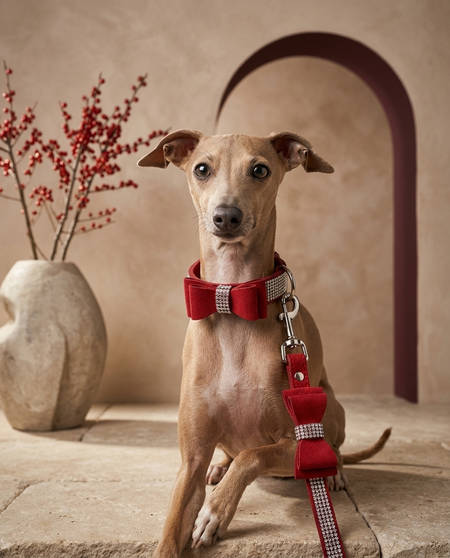 Italian Greyhound wearing the Iggy Grey luxury rhinestone bow collar leash set