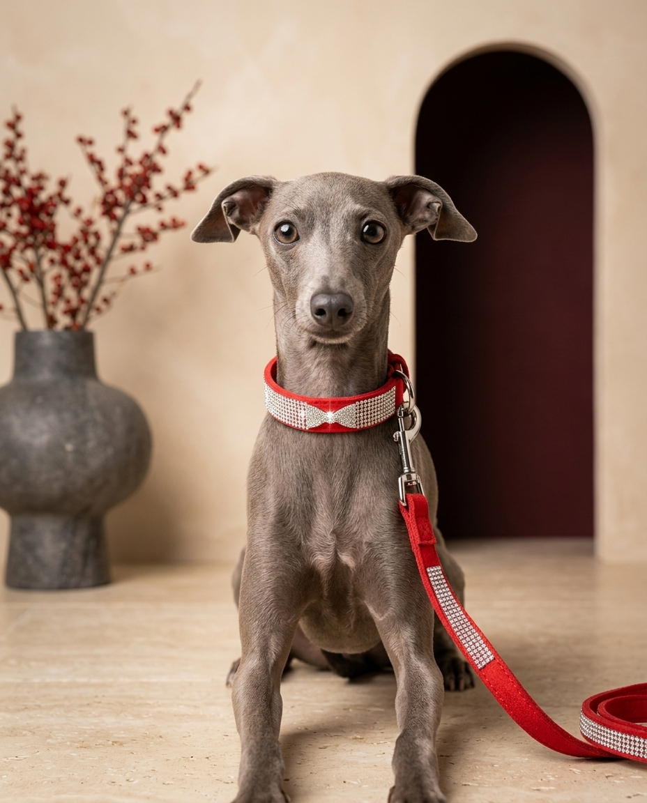 Italian Greyhound wearing the Iggy Grey luxury bow collar leash set