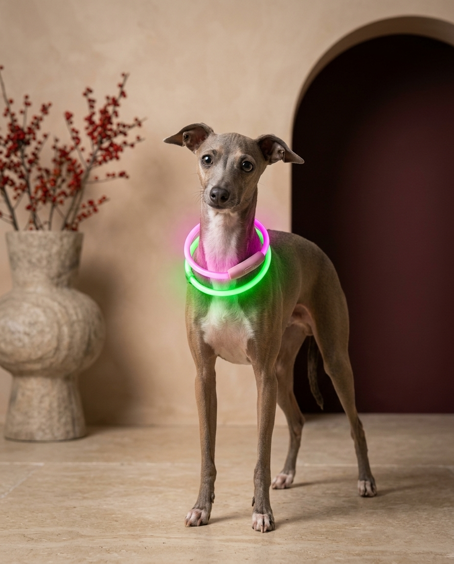 Italian Greyhound wearing the Iggy Grey USB rechargeable LED collar