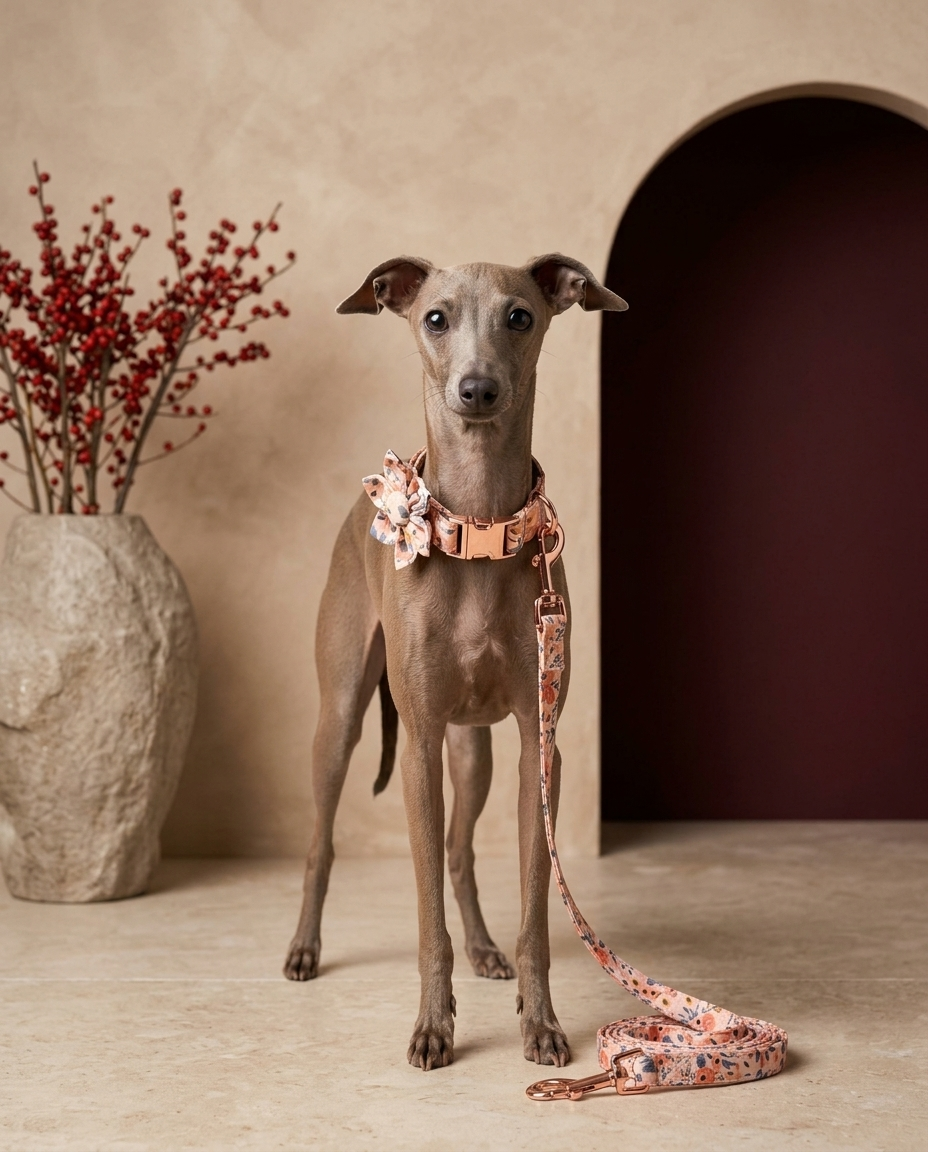 Italian Greyhound wearing the Iggy Grey flower decorative collar leash set