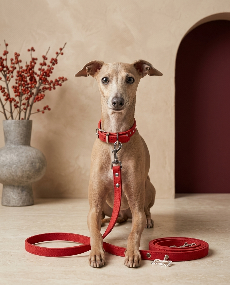 Italian Greyhound wearing the Iggy Grey sparkle collar leash set