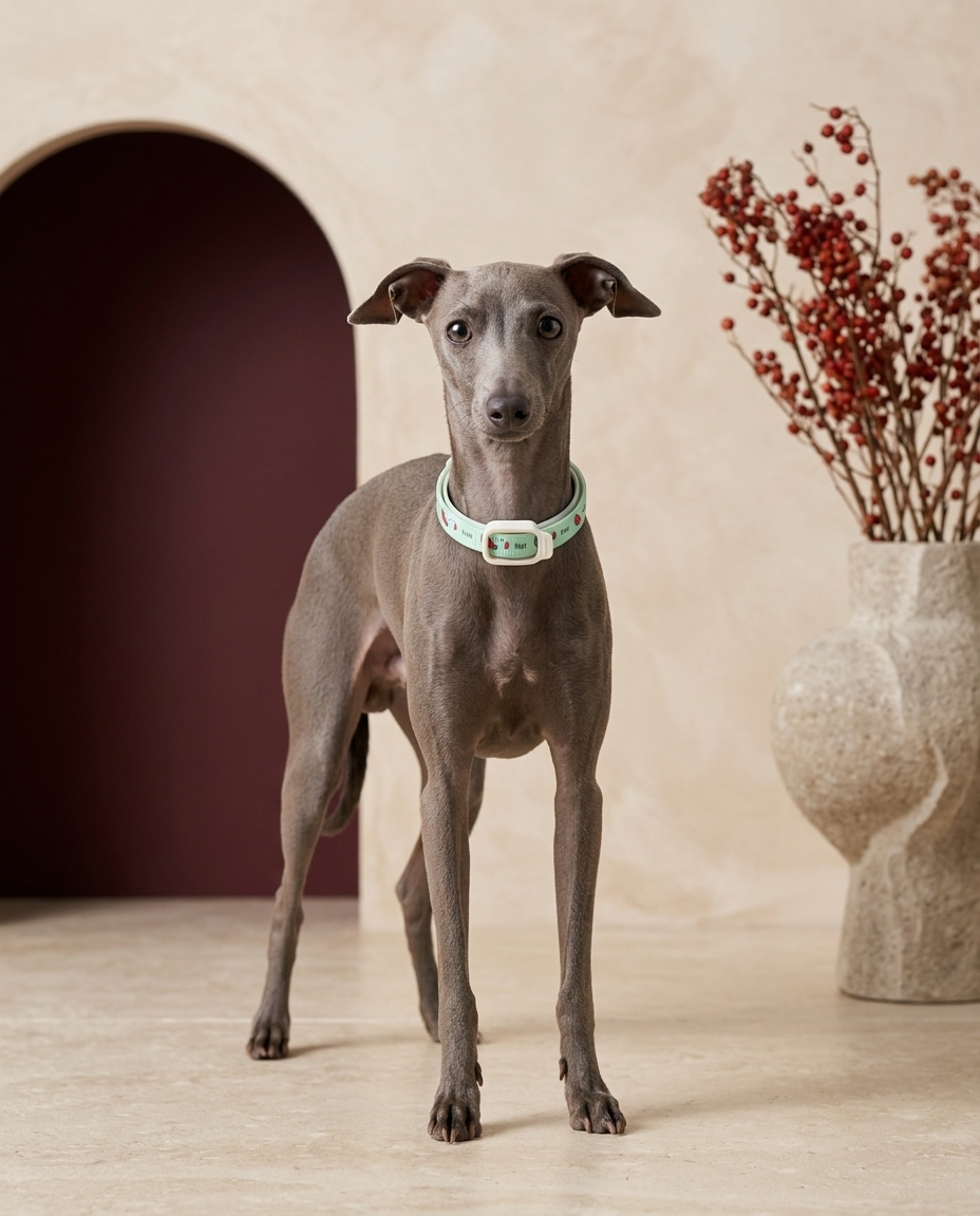 Italian Greyhound wearing the Iggy Grey natural insect repellent collar