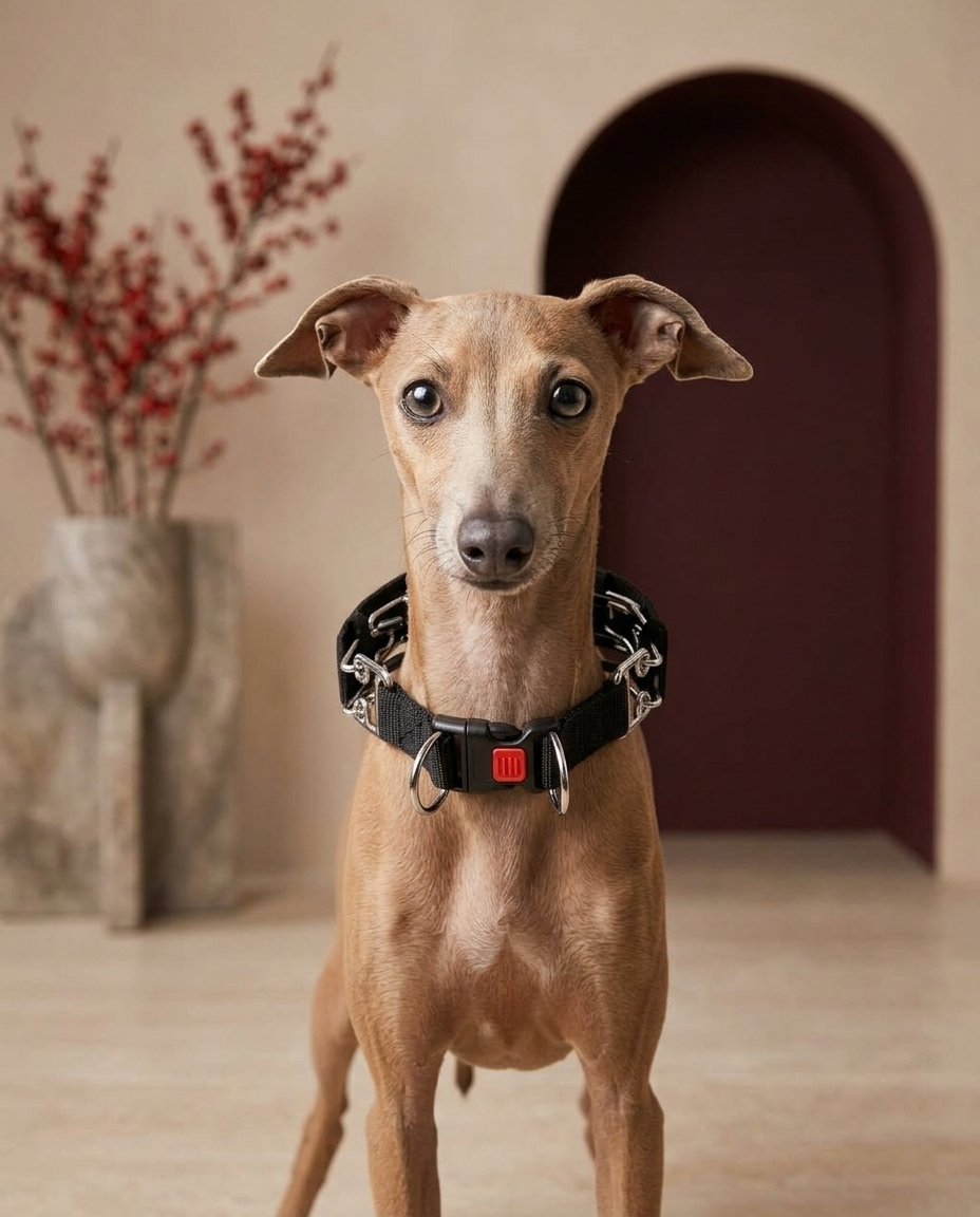 Italian Greyhound wearing the Iggy Grey adjustable prong collar