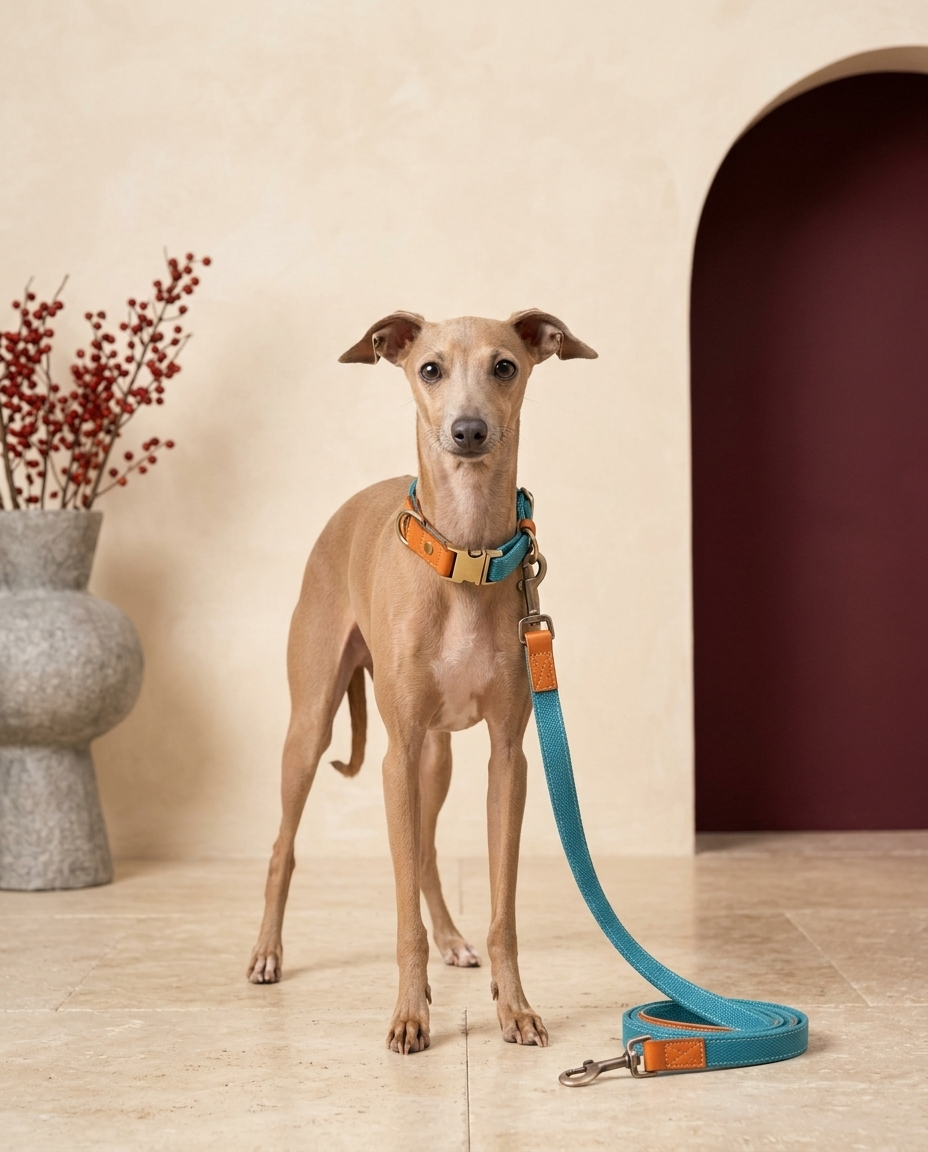 Italian Greyhound wearing the Iggy Grey anti-lost collar leash set