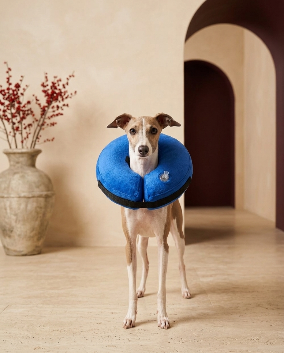 Italian Greyhound wearing the Iggy Grey soft inflatable recovery collar