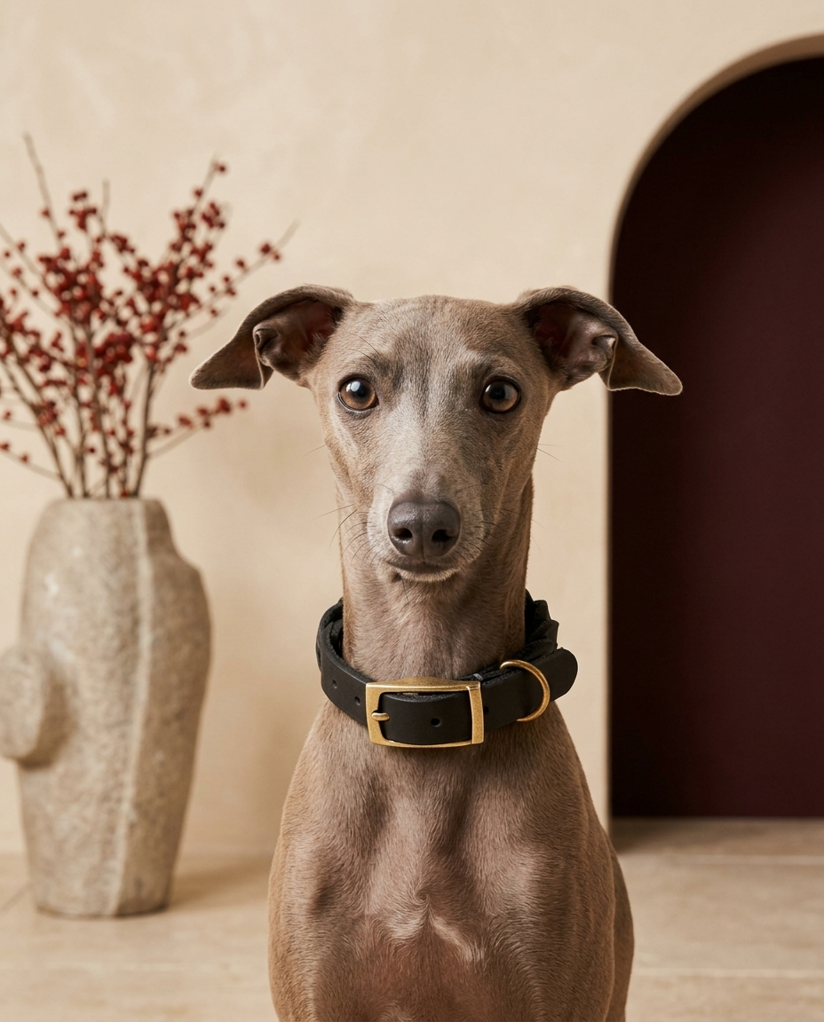 Italian Greyhound wearing the Iggy Grey premium hand-woven leather collar