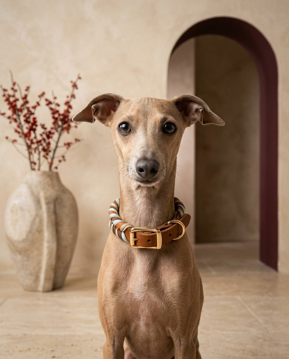 Italian Greyhound wearing the Iggy Grey stylish genuine leather collar