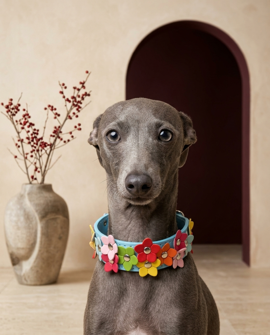 Italian Greyhound wearing the Iggy Grey colorful flower leather collar