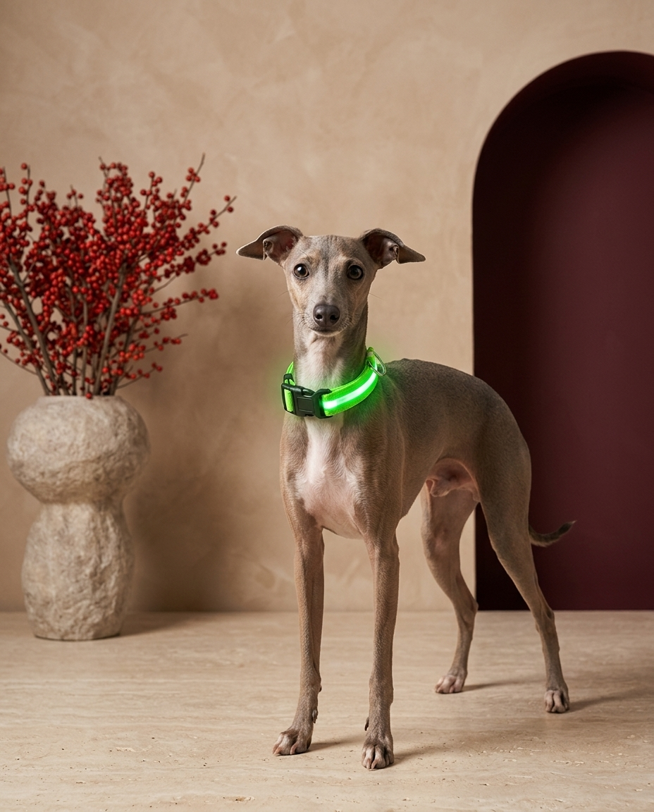 Italian Greyhound wearing the Iggy Grey adjustable LED glowing collar