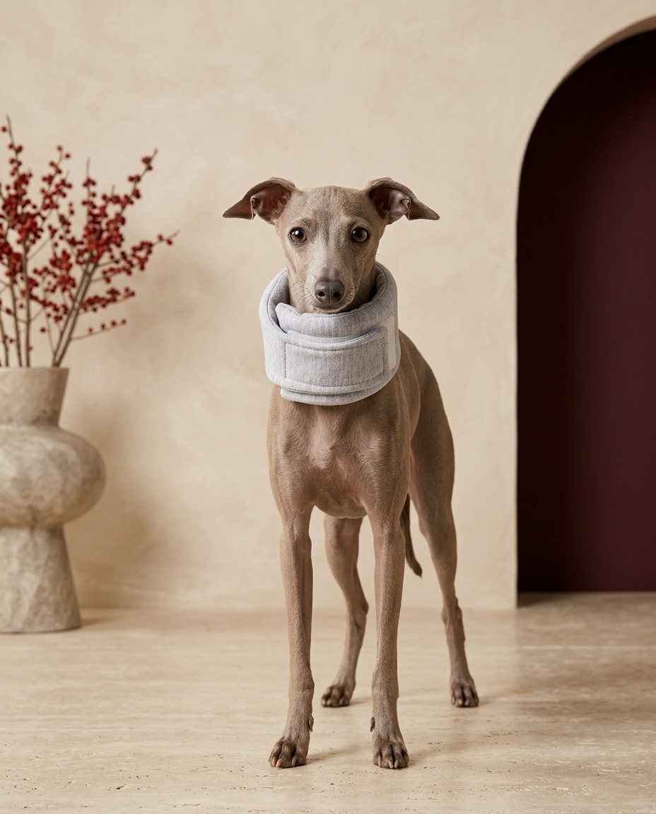 Italian Greyhound wearing the Iggy Grey soft anti-lick recovery collar
