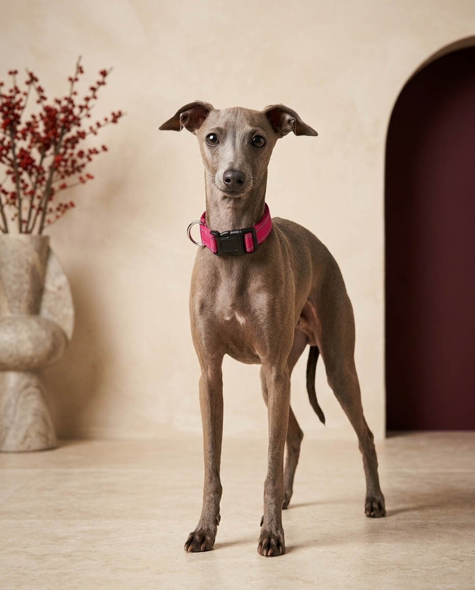 Italian Greyhound wearing the Iggy Grey reflective adjustable nylon collar