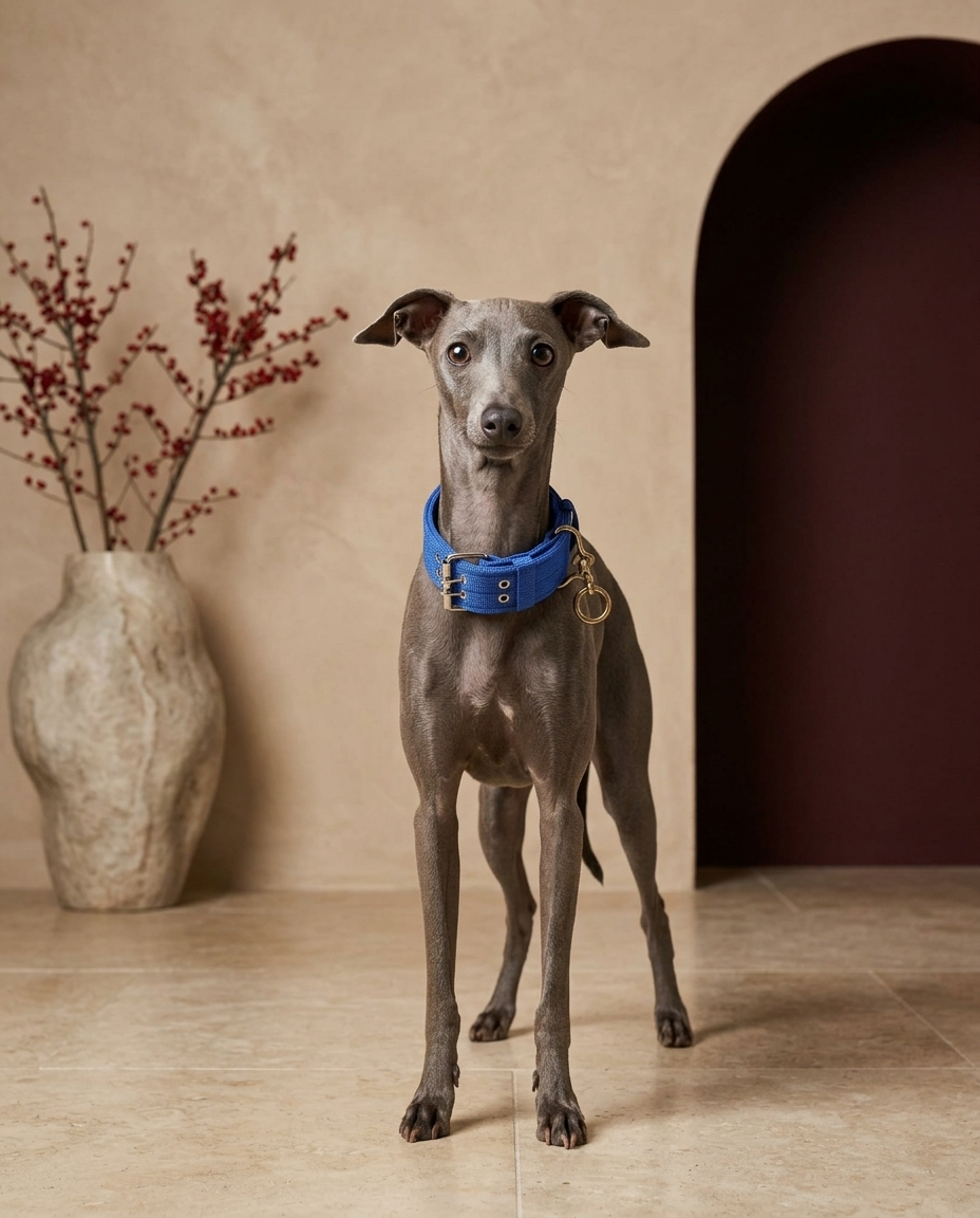 Italian Greyhound wearing the Iggy Grey heavy-duty adjustable collar