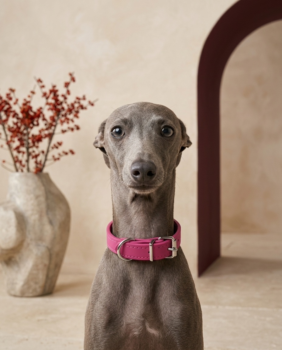 Italian Greyhound wearing the Iggy Grey soft microfiber leather collar