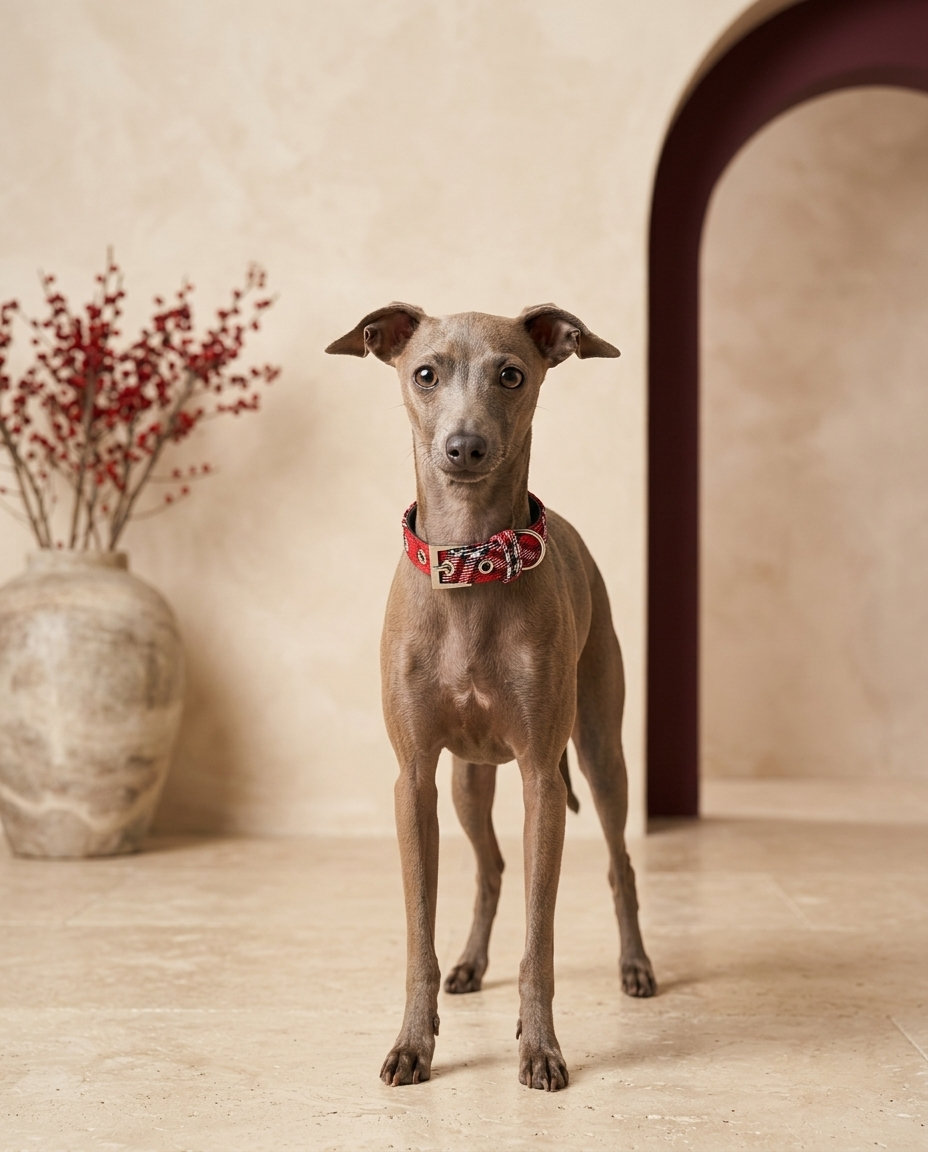 Italian Greyhound wearing the Iggy Grey classic plaid adjustable collar