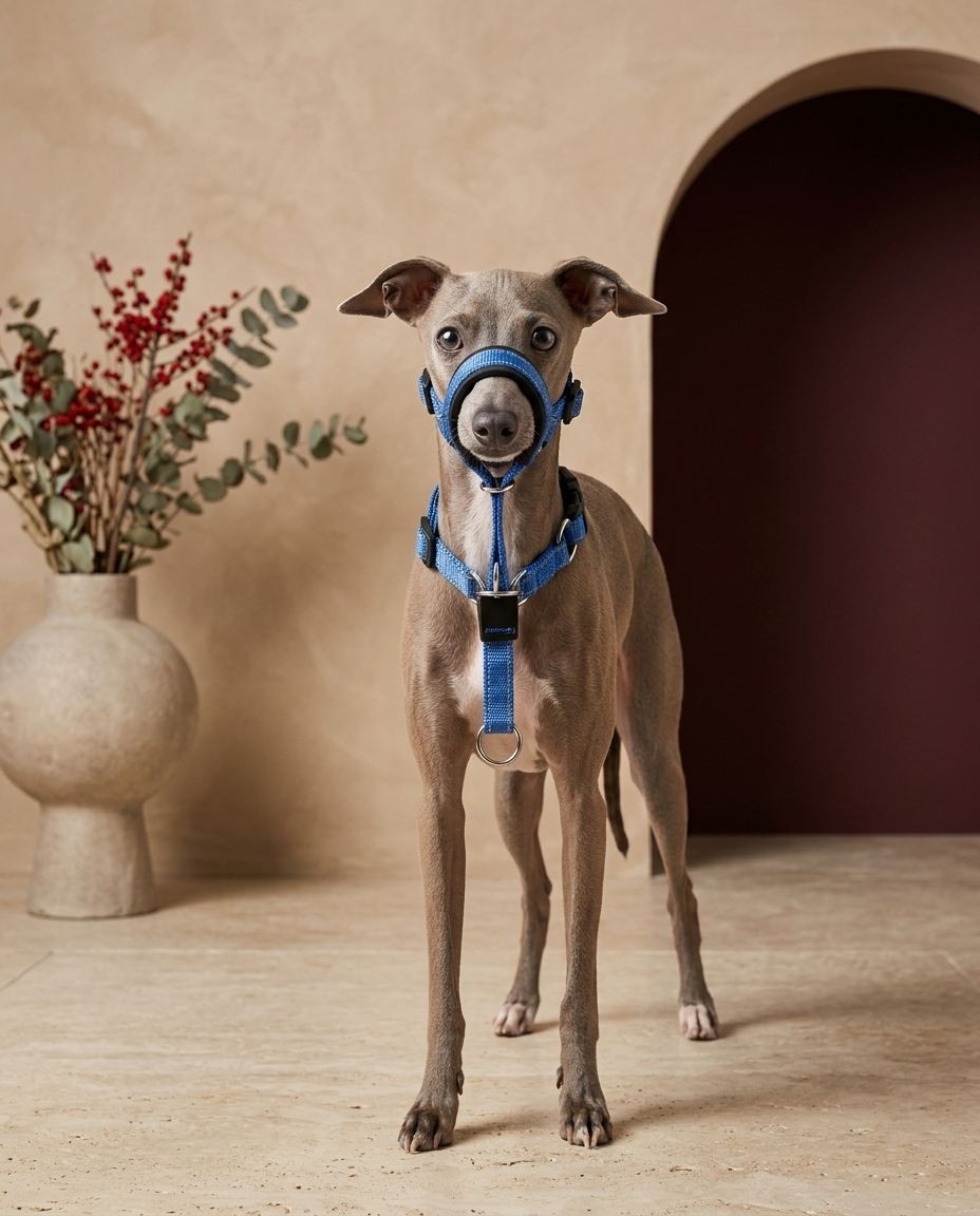 Italian Greyhound wearing the Iggy Grey reflective mouth muzzle with collar