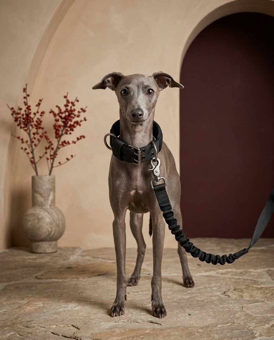 Italian Greyhound wearing the Iggy Grey outdoor tactical collar leash set