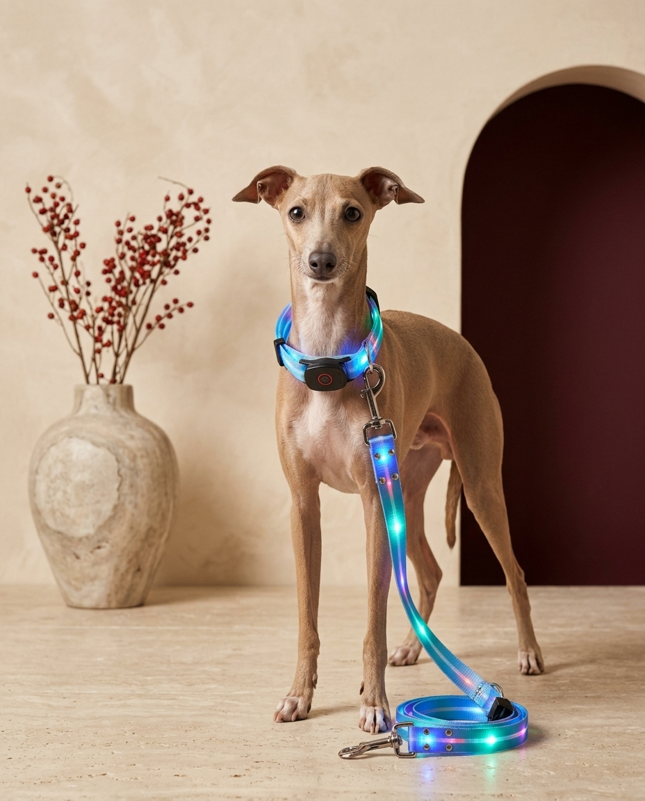 Italian Greyhound wearing the Iggy Grey LED luminous collar leash set