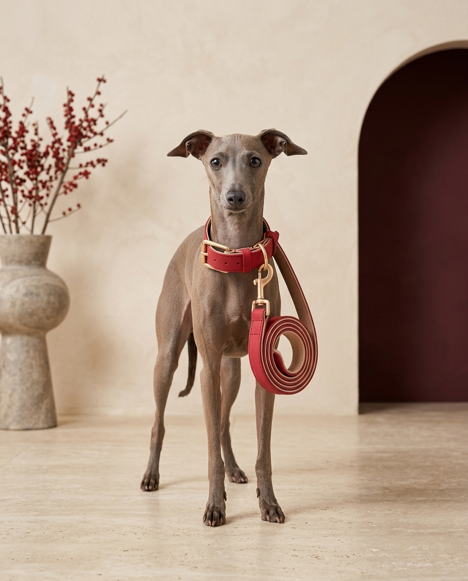 Italian Greyhound wearing the Iggy Grey soft leather collar leash set