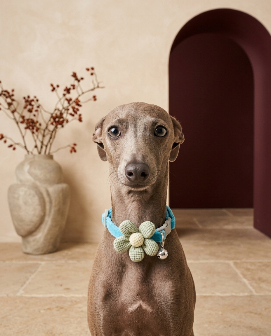 Italian Greyhound wearing the Iggy Grey cute flower collar with bell