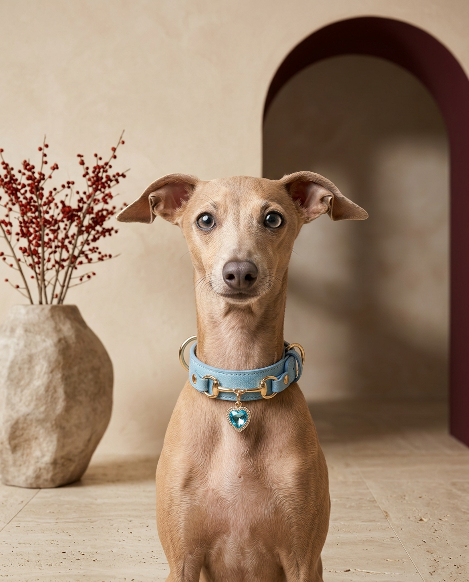 Italian Greyhound wearing the Iggy Grey luxury PU leather collar with crystal heart