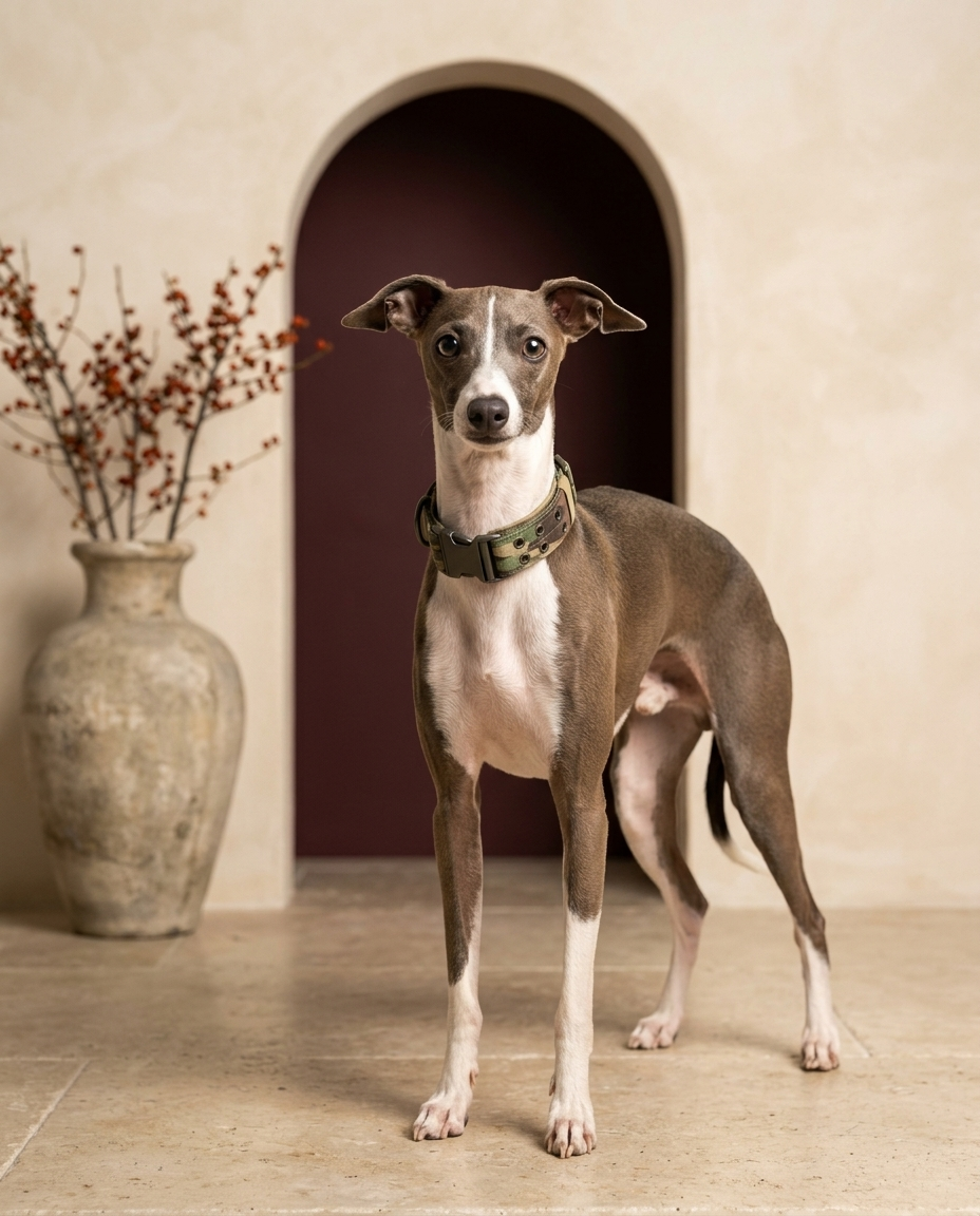 Italian Greyhound wearing the Iggy Grey tactical military-style collar