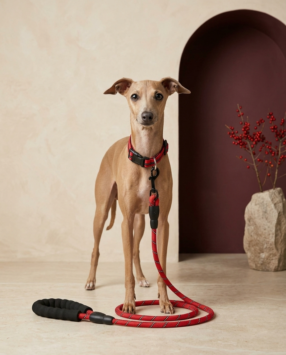 Italian Greyhound wearing the Iggy Grey reflective nylon collar leash set