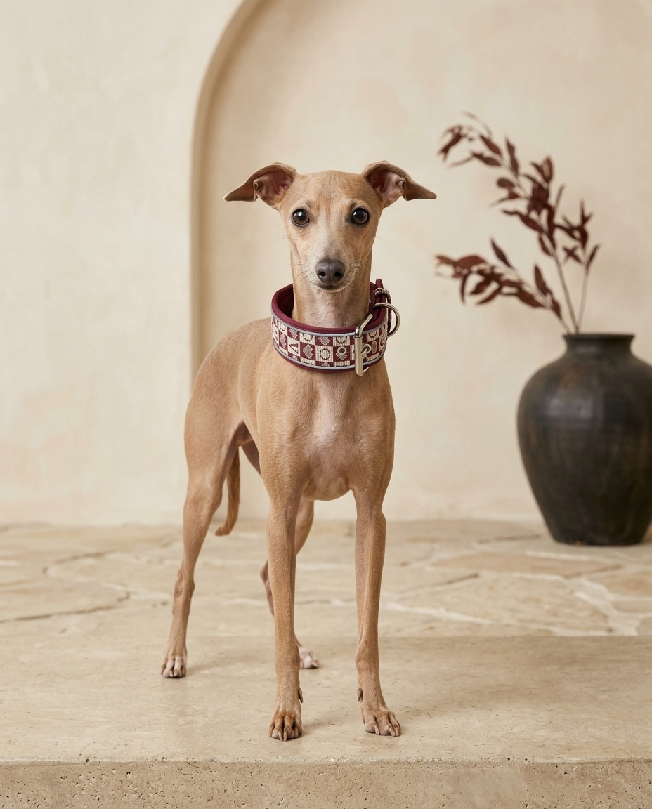 Italian Greyhound wearing the Iggy Grey wide reflective collar