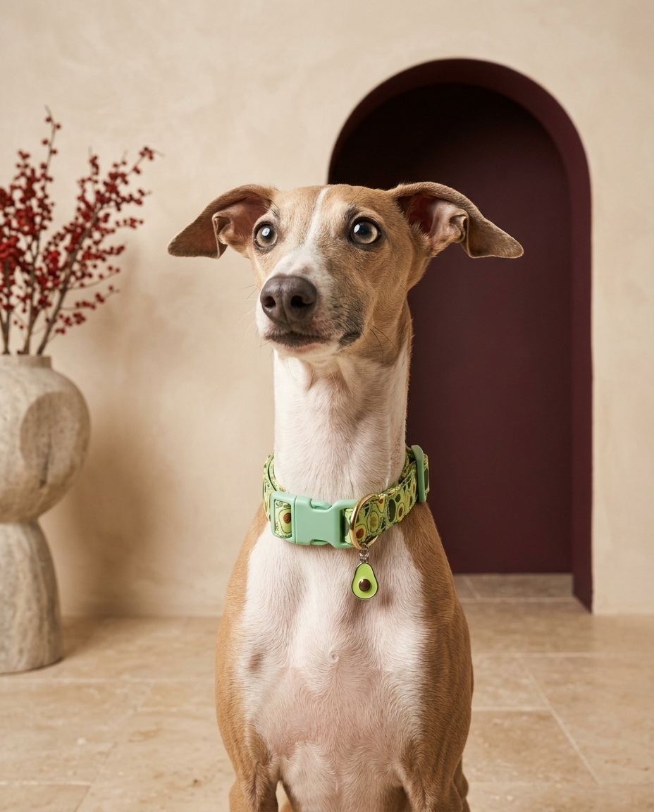 Italian Greyhound wearing the Iggy Grey fruit-themed collar with metal pendant