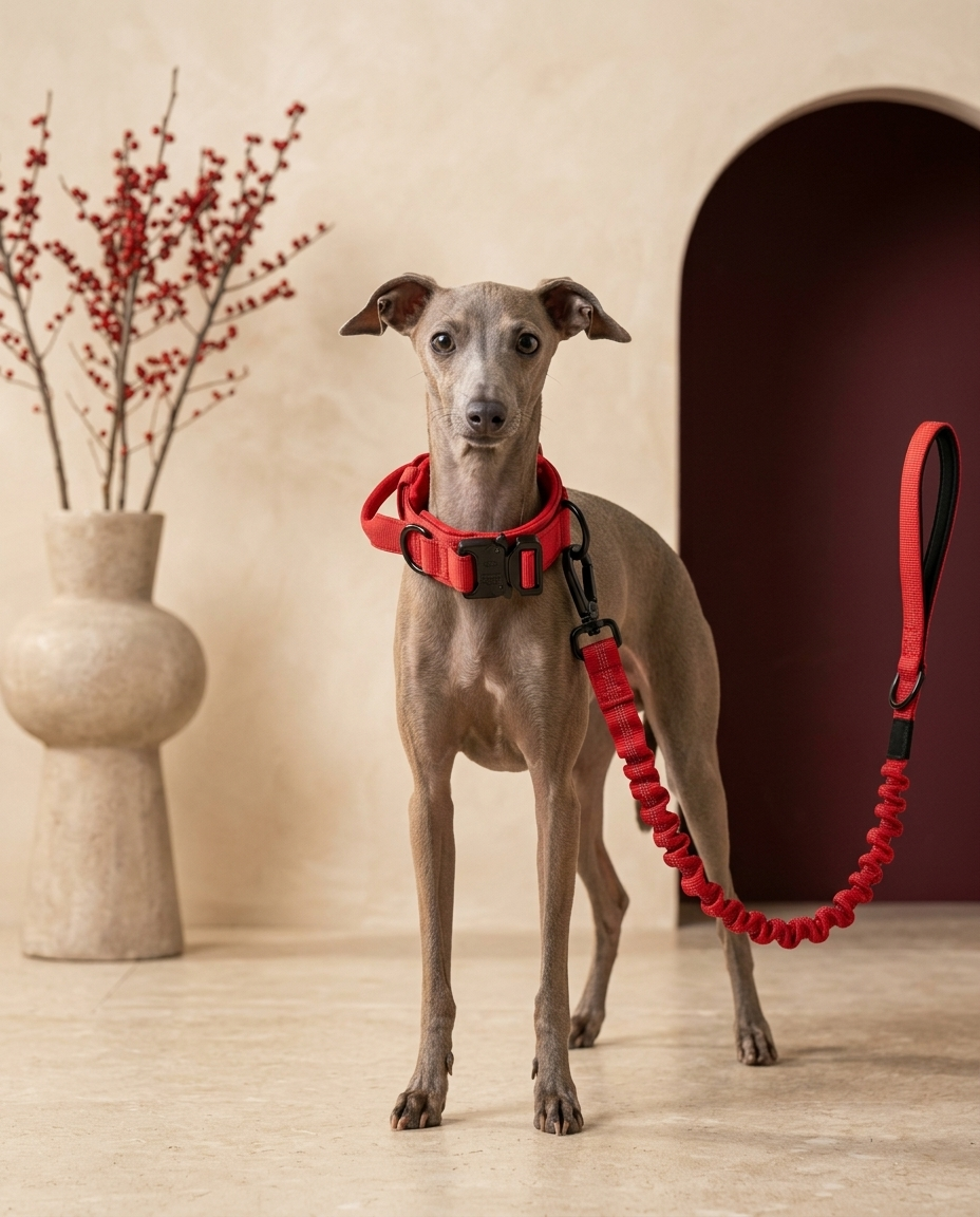 Italian Greyhound wearing the Iggy Grey nylon collar leash set