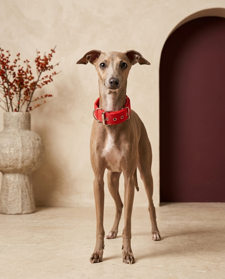 Italian Greyhound wearing the Iggy Grey adjustable solid nylon collar