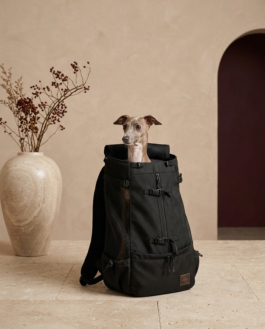 Italian Greyhound in the Iggy Grey backpack carrier for large dogs
