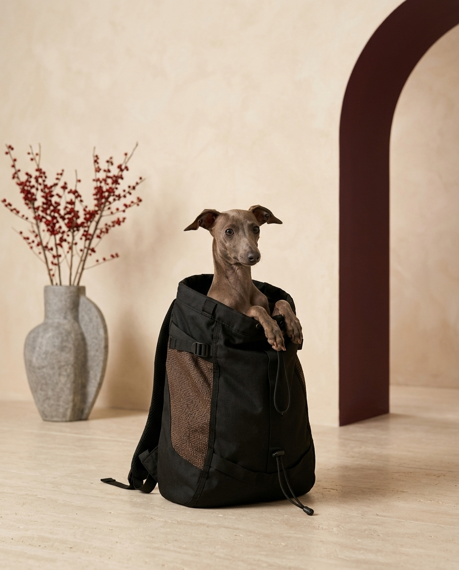 Italian Greyhound in the Iggy Grey lightweight backpack carrier