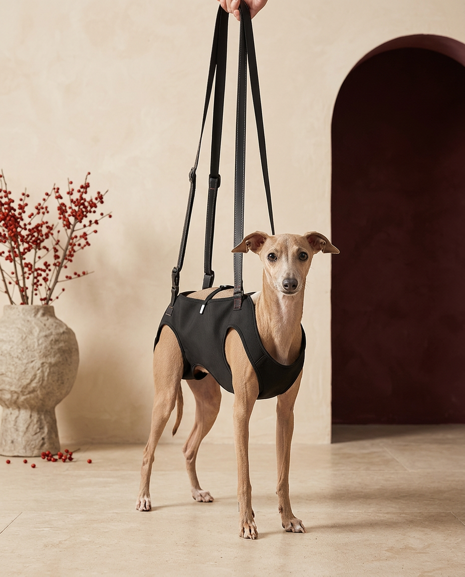 Italian Greyhound wearing the Iggy Grey lift harness backpack