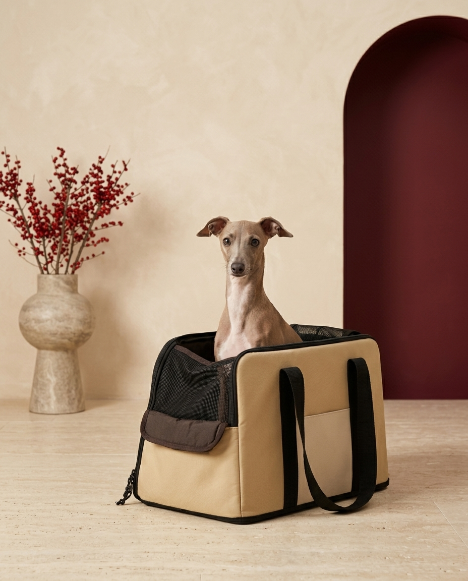 Italian Greyhound in the Iggy Grey portable car safety seat