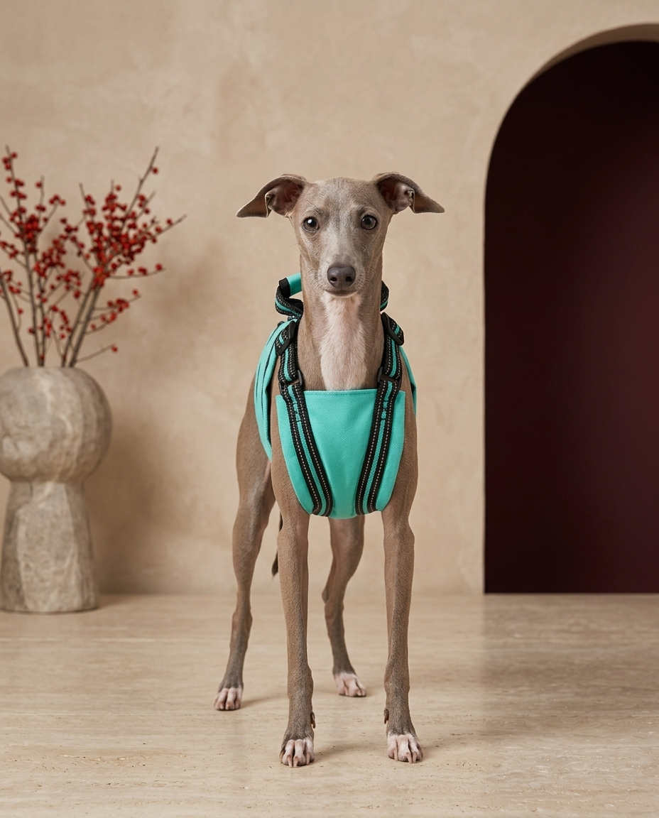 Italian Greyhound wearing the Iggy Grey mobility aid lift harness