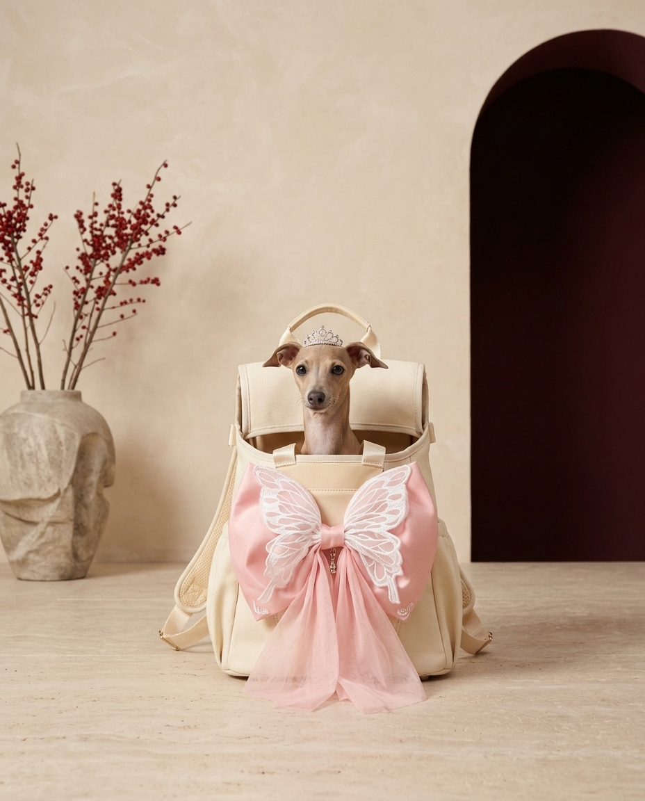 Italian Greyhound in the Iggy Grey sweet bow backpack carrier