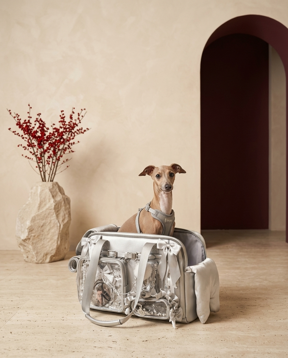 Italian Greyhound in the Iggy Grey portable shoulder carrier with cushion and storage pockets