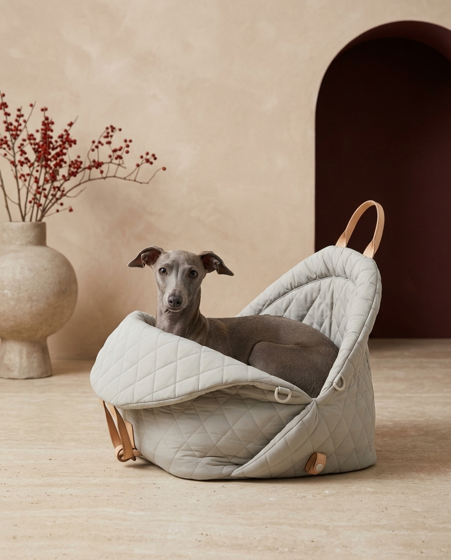 Italian Greyhound in the Iggy Grey foldable travel carrier bed