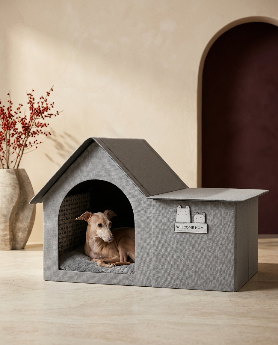 Italian Greyhound in the Iggy Grey foldable dog house