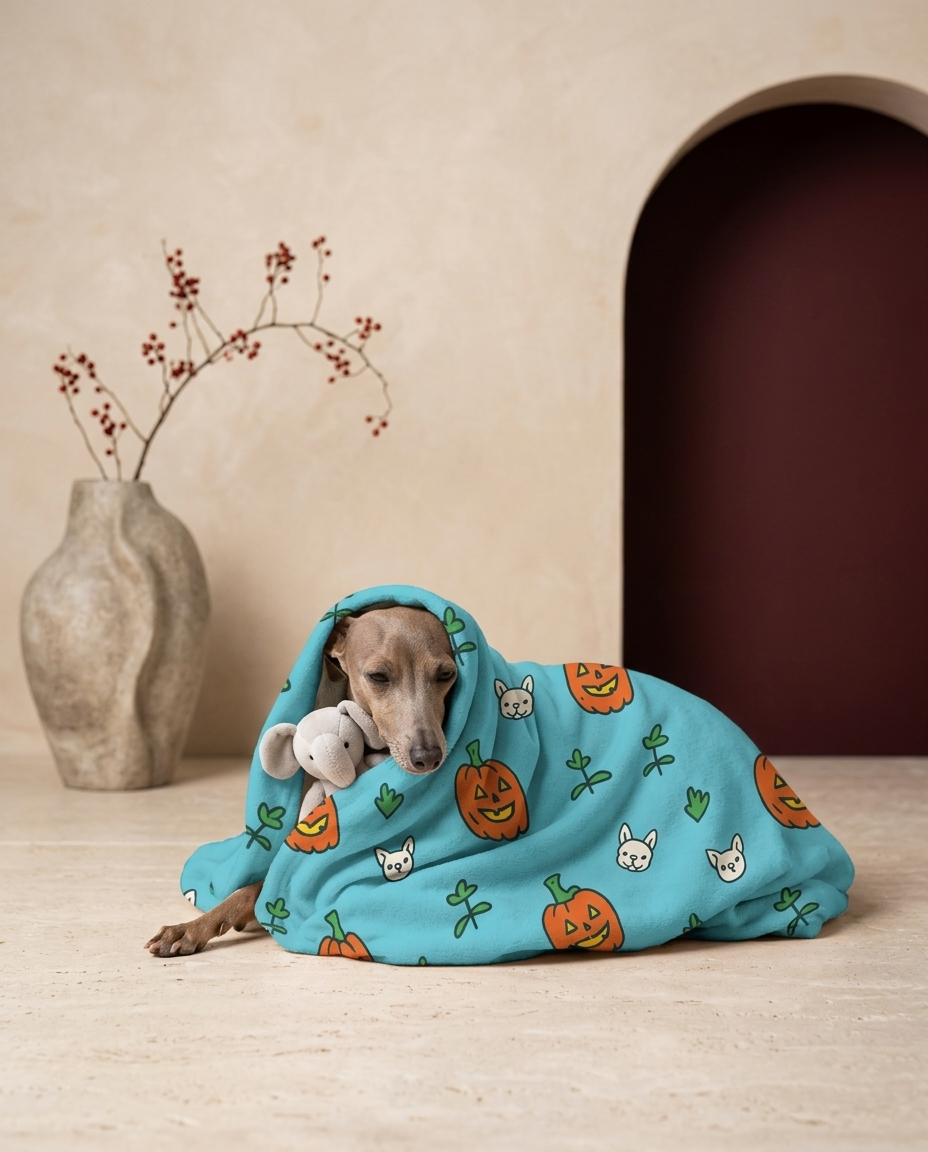 Italian Greyhound wrapped in the Iggy Grey cozy blanket