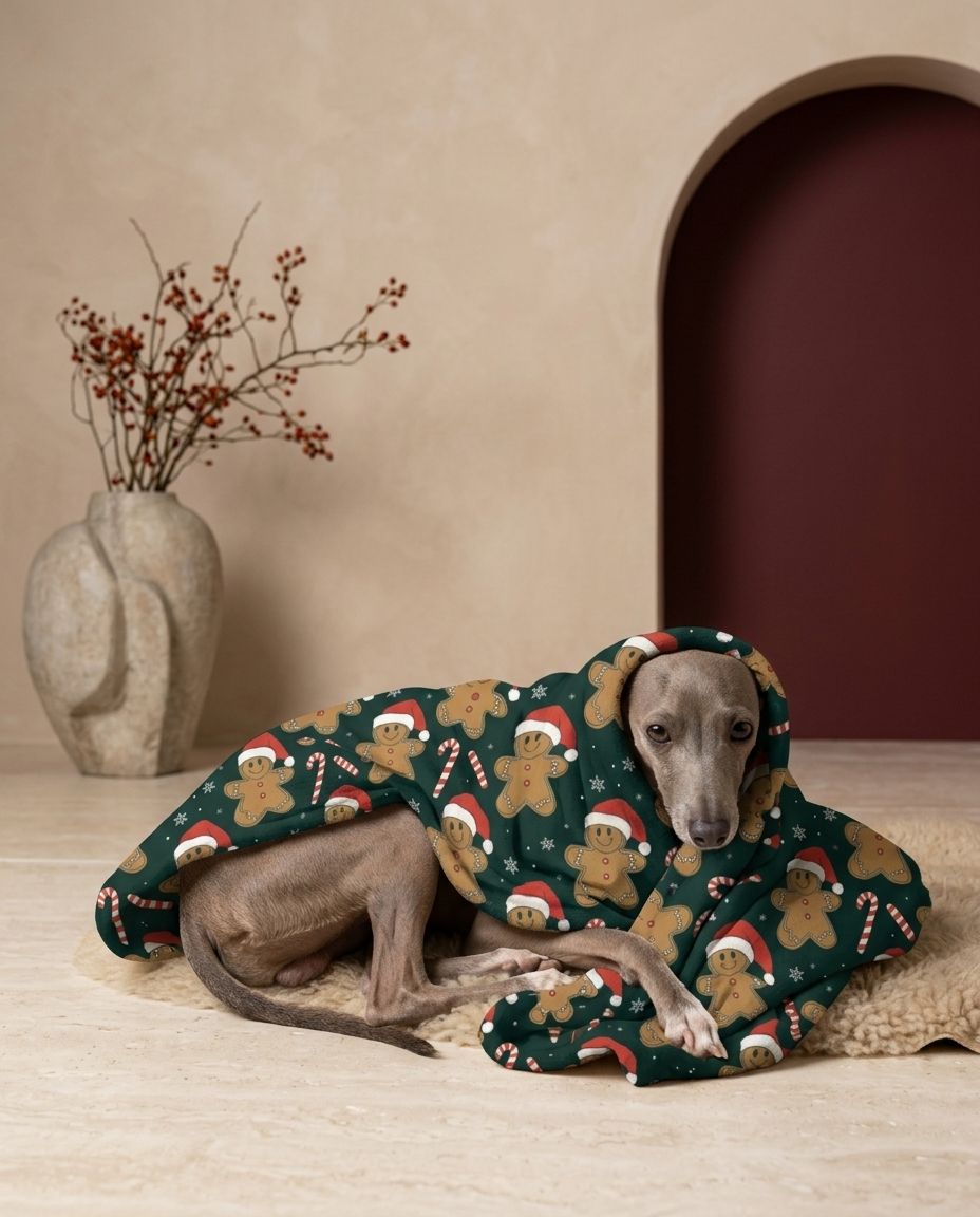 Italian Greyhound wrapped in the Iggy Grey cozy blanket