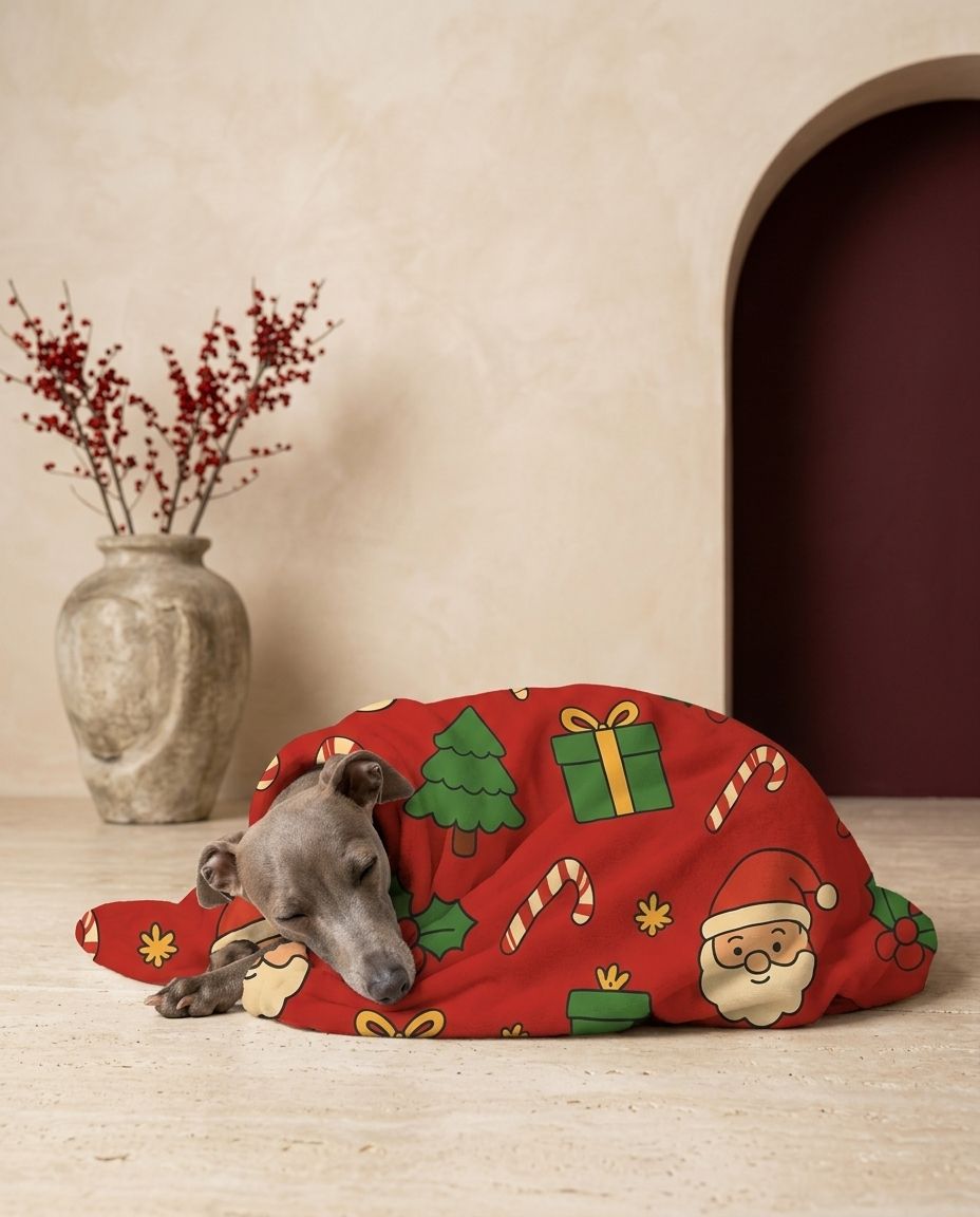 Italian Greyhound wrapped in the Iggy Grey cozy blanket