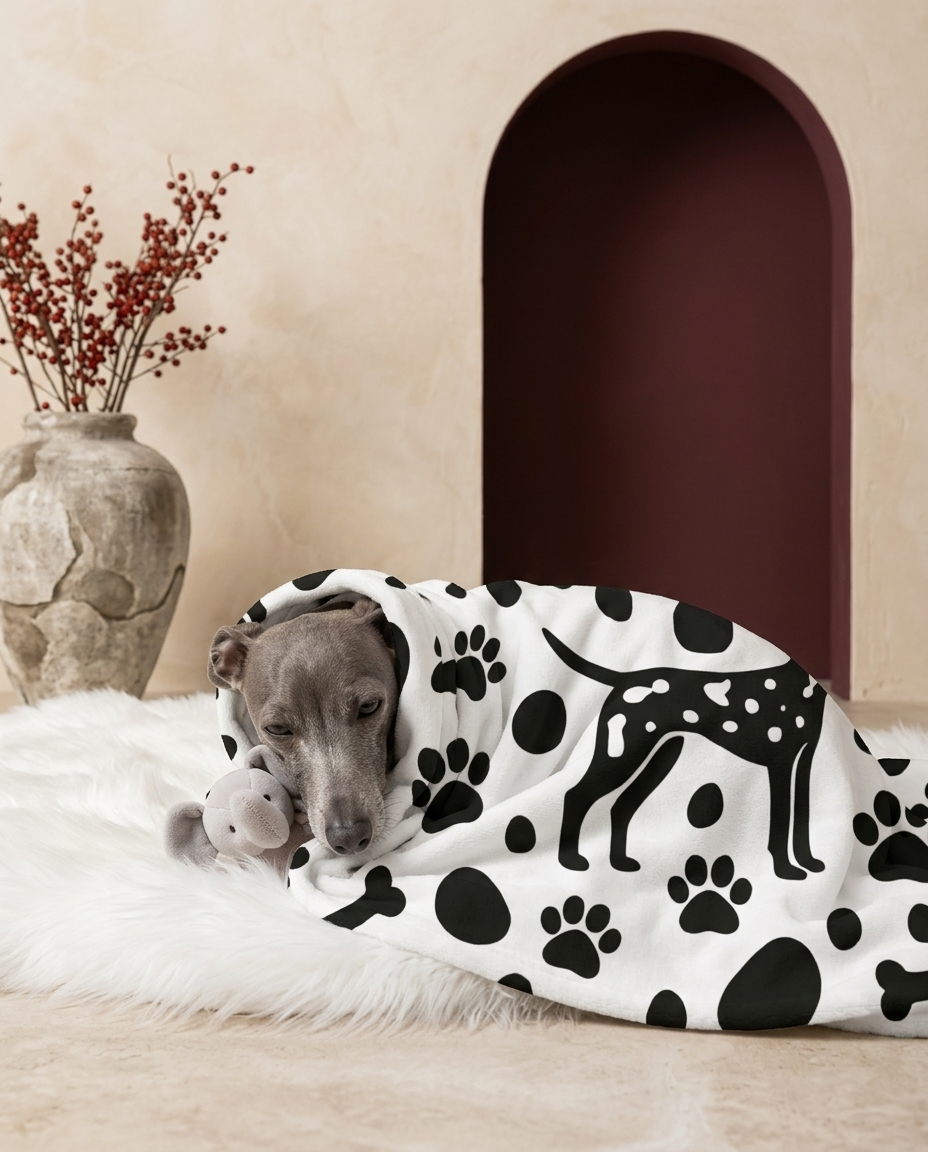 Italian Greyhound wrapped in the Iggy Grey cozy blanket