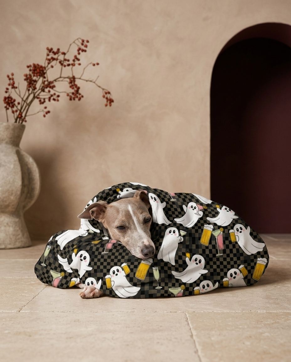 Italian Greyhound wrapped in the Iggy Grey cozy blanket