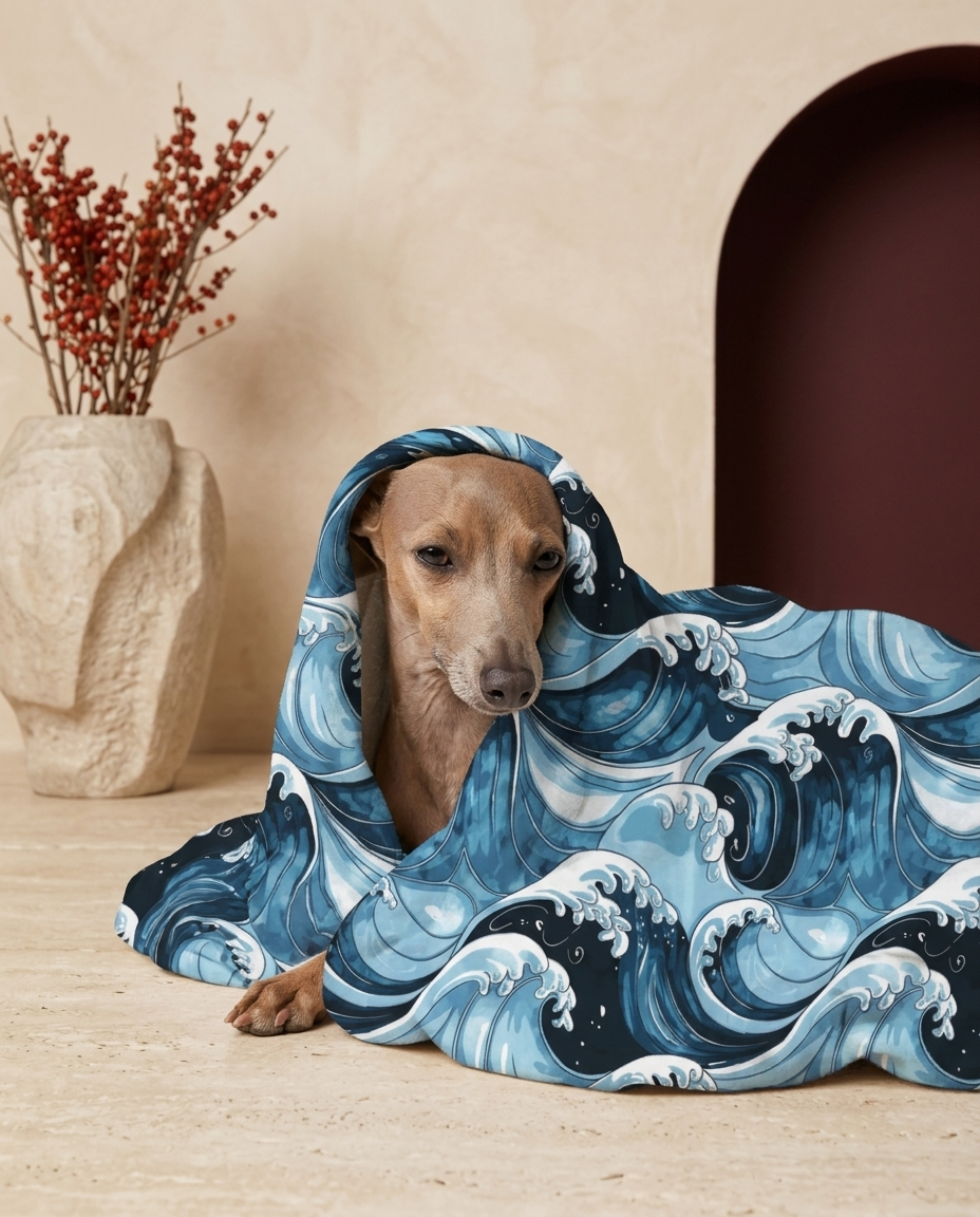 Italian Greyhound wrapped in the Iggy Grey cozy blanket