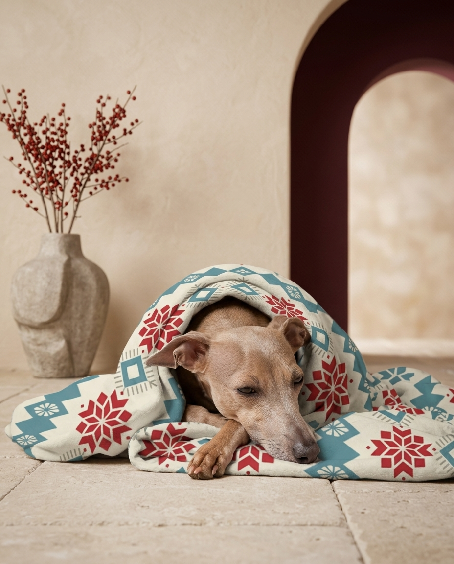 Italian Greyhound wrapped in the Iggy Grey cozy blanket