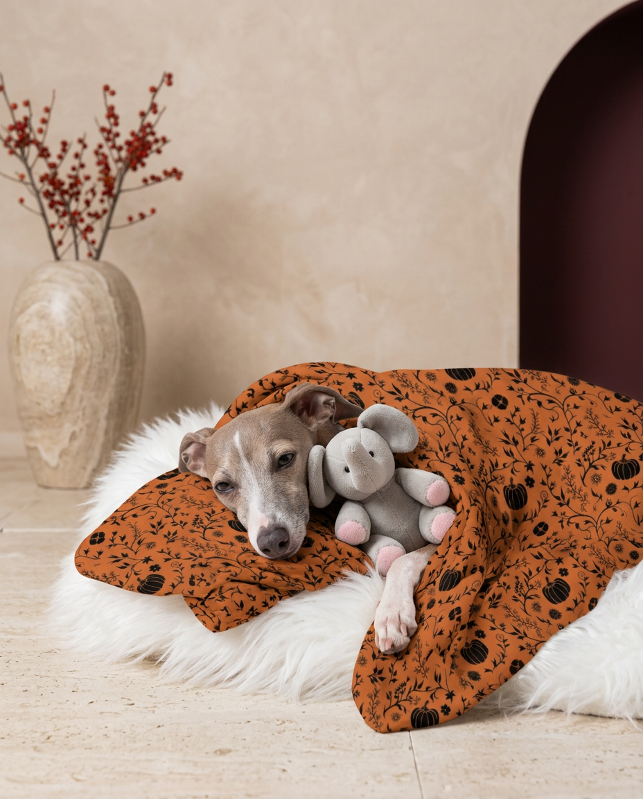 Italian Greyhound wrapped in the Iggy Grey cozy blanket