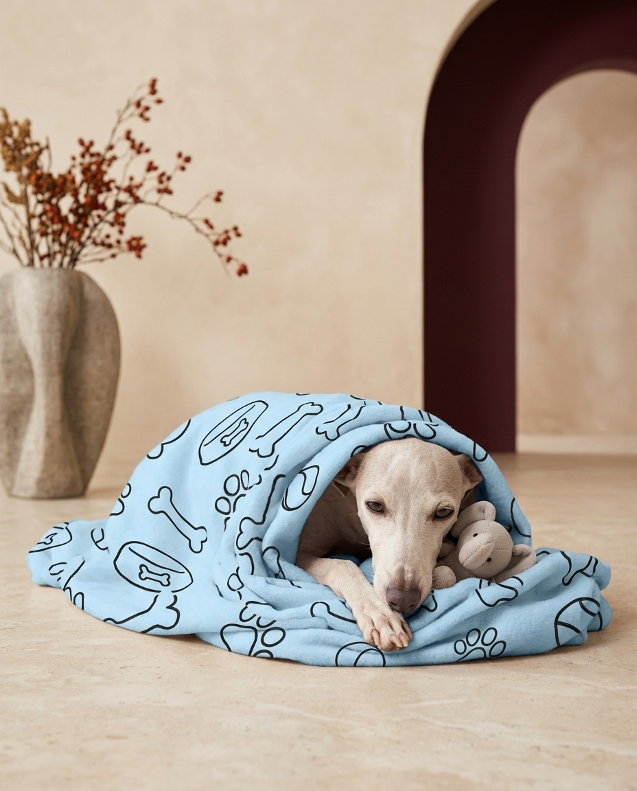 Italian Greyhound wrapped in the Iggy Grey cozy blanket
