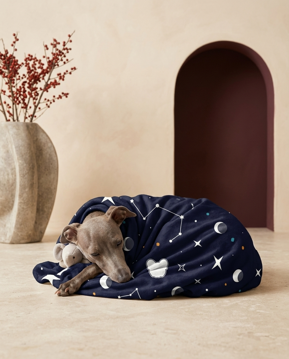 Italian Greyhound wrapped in the Iggy Grey cozy blanket
