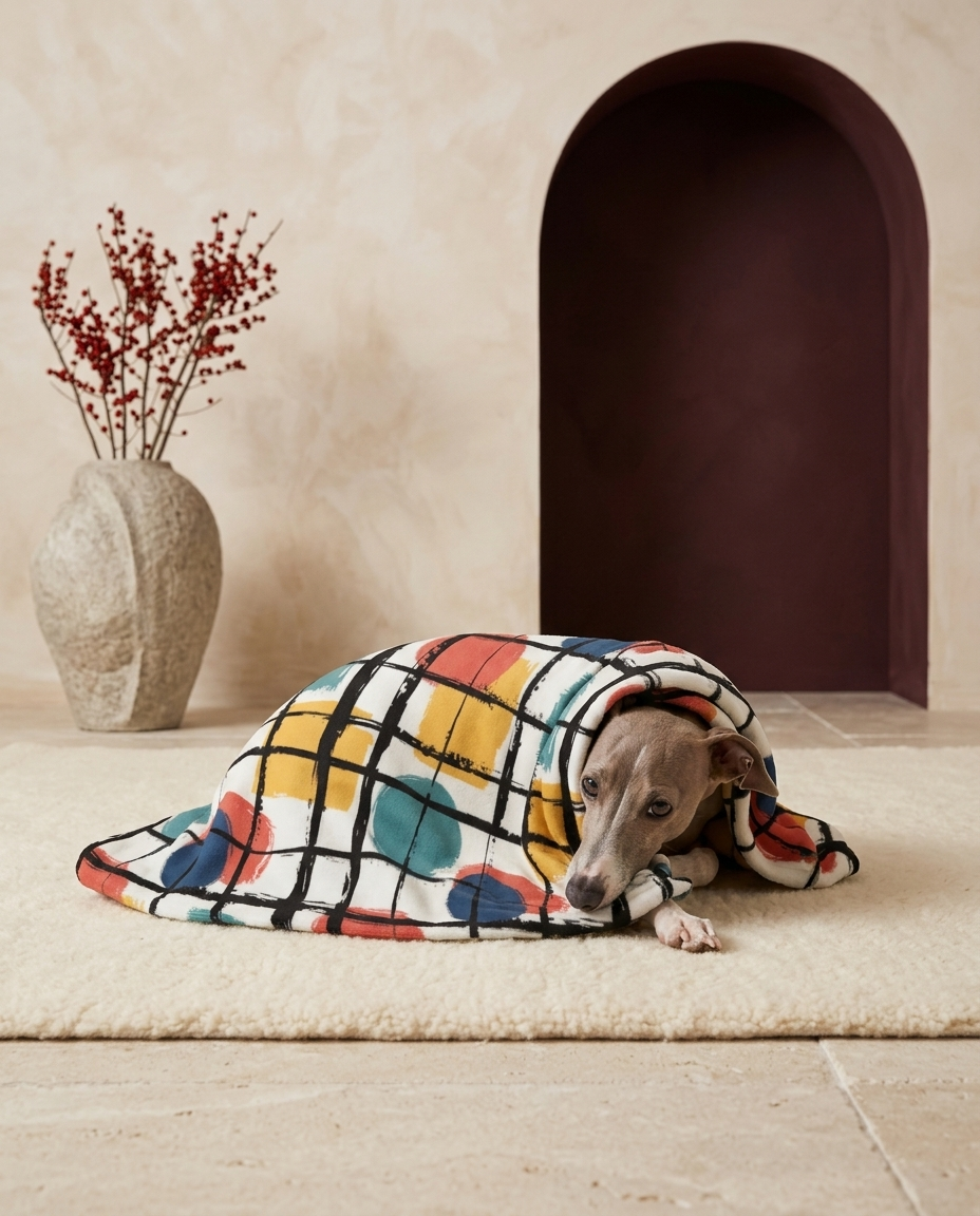 Italian Greyhound wrapped in the Iggy Grey cozy blanket
